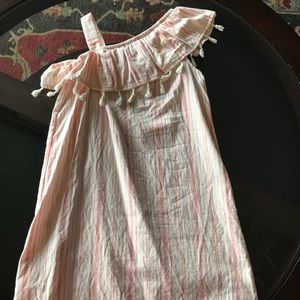 Pink and white striped one shoulder dress.